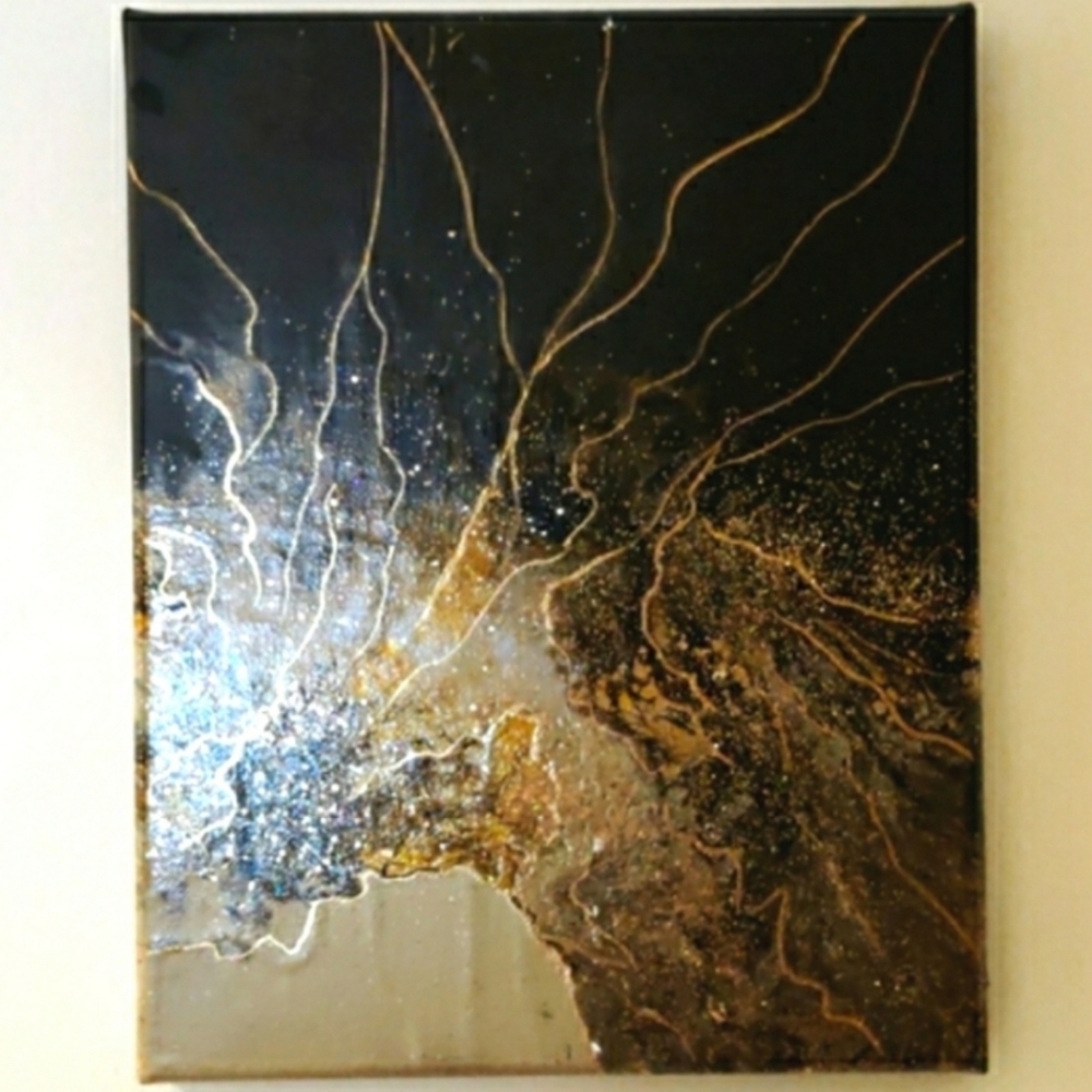 Original Acrylic Pour Black and Gold Painting